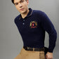 Iconic Men Navy Blue Solid Polo Collar Full Sleeves Tshirt