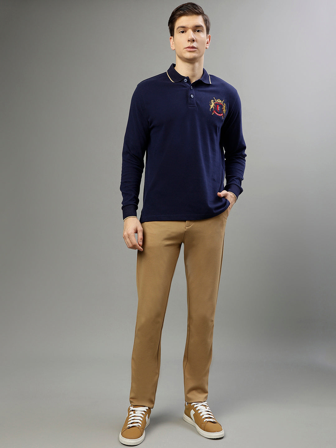 Iconic Men Navy Blue Solid Polo Collar Full Sleeves Tshirt