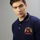Iconic Men Navy Blue Solid Polo Collar Full Sleeves Tshirt