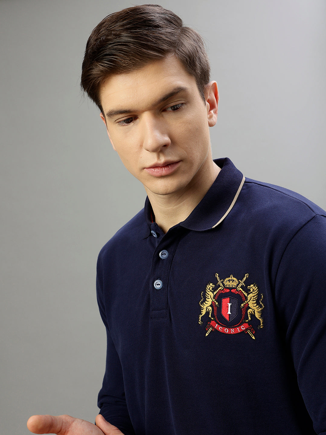 Iconic Men Navy Blue Solid Polo Collar Full Sleeves Tshirt