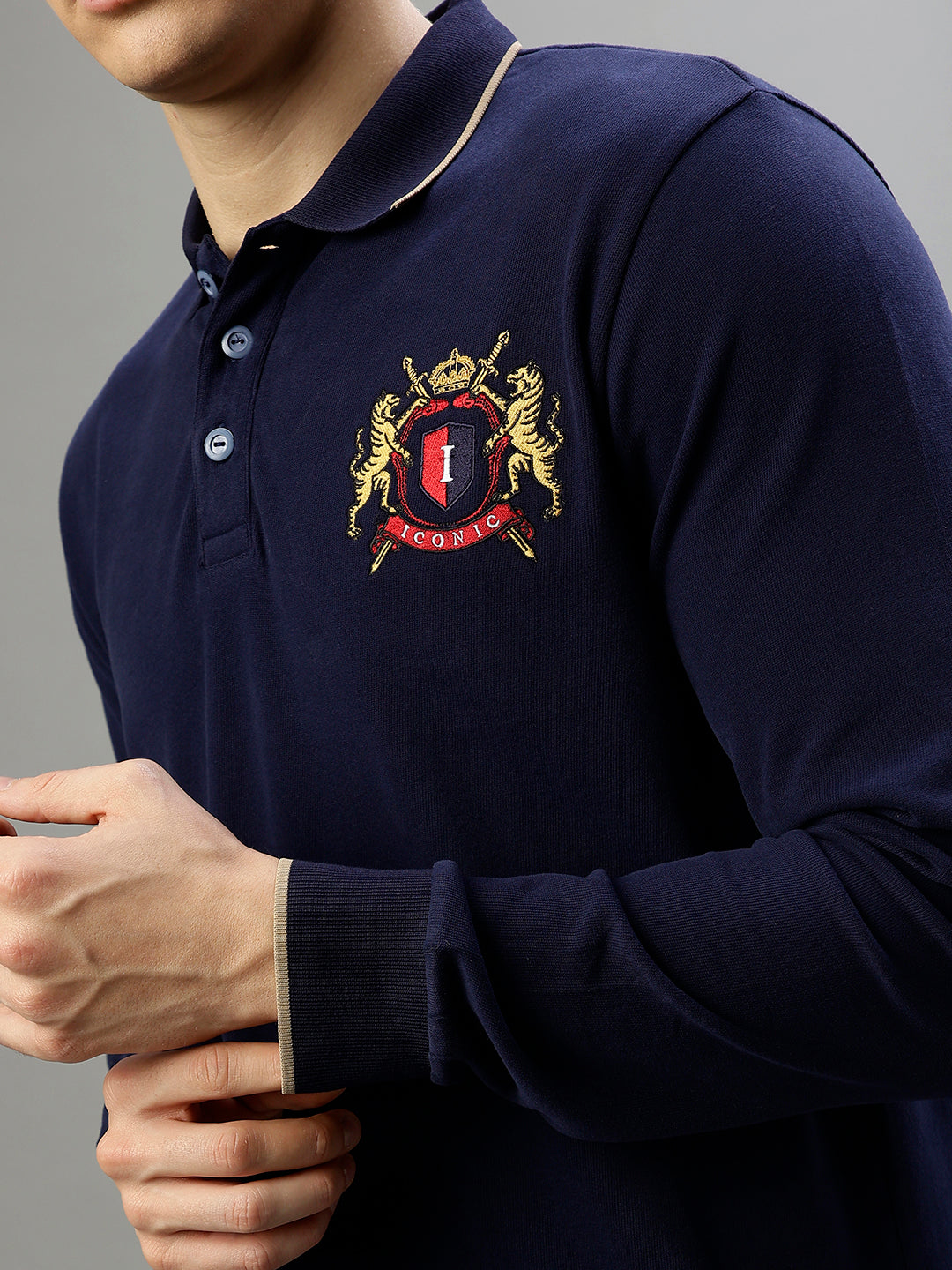 Iconic Men Navy Blue Solid Polo Collar Full Sleeves Tshirt