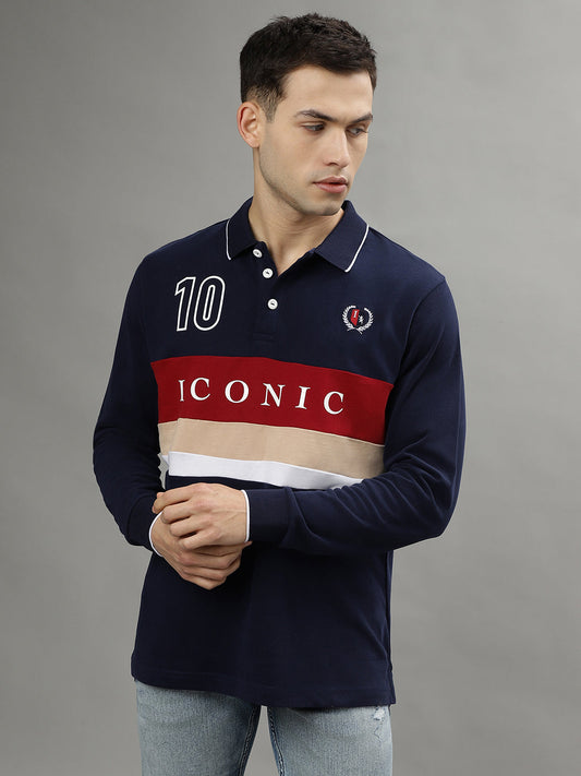 Iconic Men Multicolor Colorblocked Polo Collar Full Sleeves Tshirt