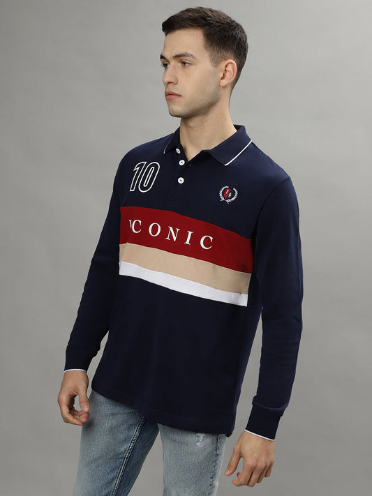 Iconic Men Multicolor Colorblocked Polo Collar Full Sleeves Tshirt