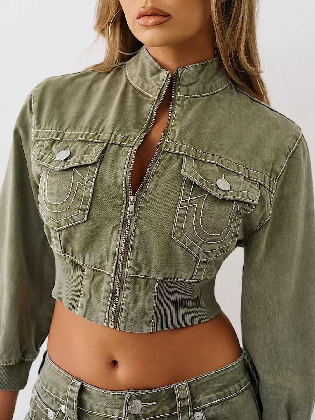 TRUE RELIGION Women Green Boxy Fit Denim Jacket