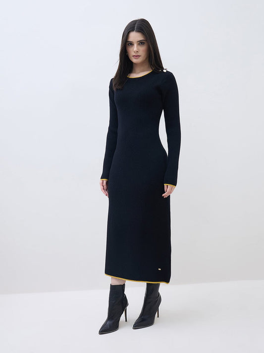 ELLE Women Black Textured Flared Fit Midi Dress