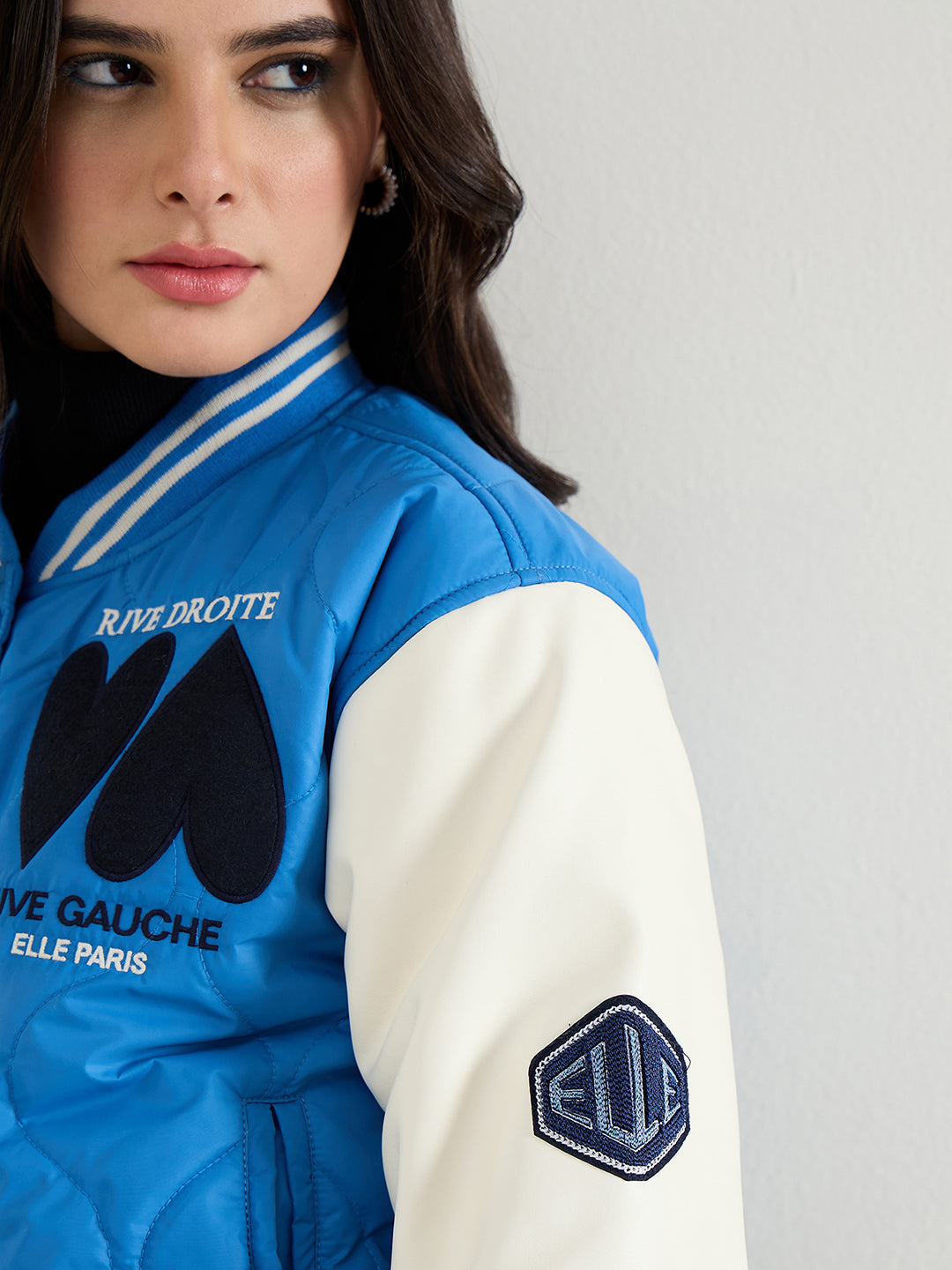 ELLE Women Blue Embroidered Band Collar Jacket