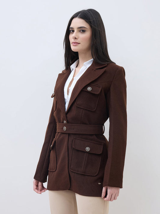 ELLE Women Brown Notch Lapel Oversize Fit Jacket