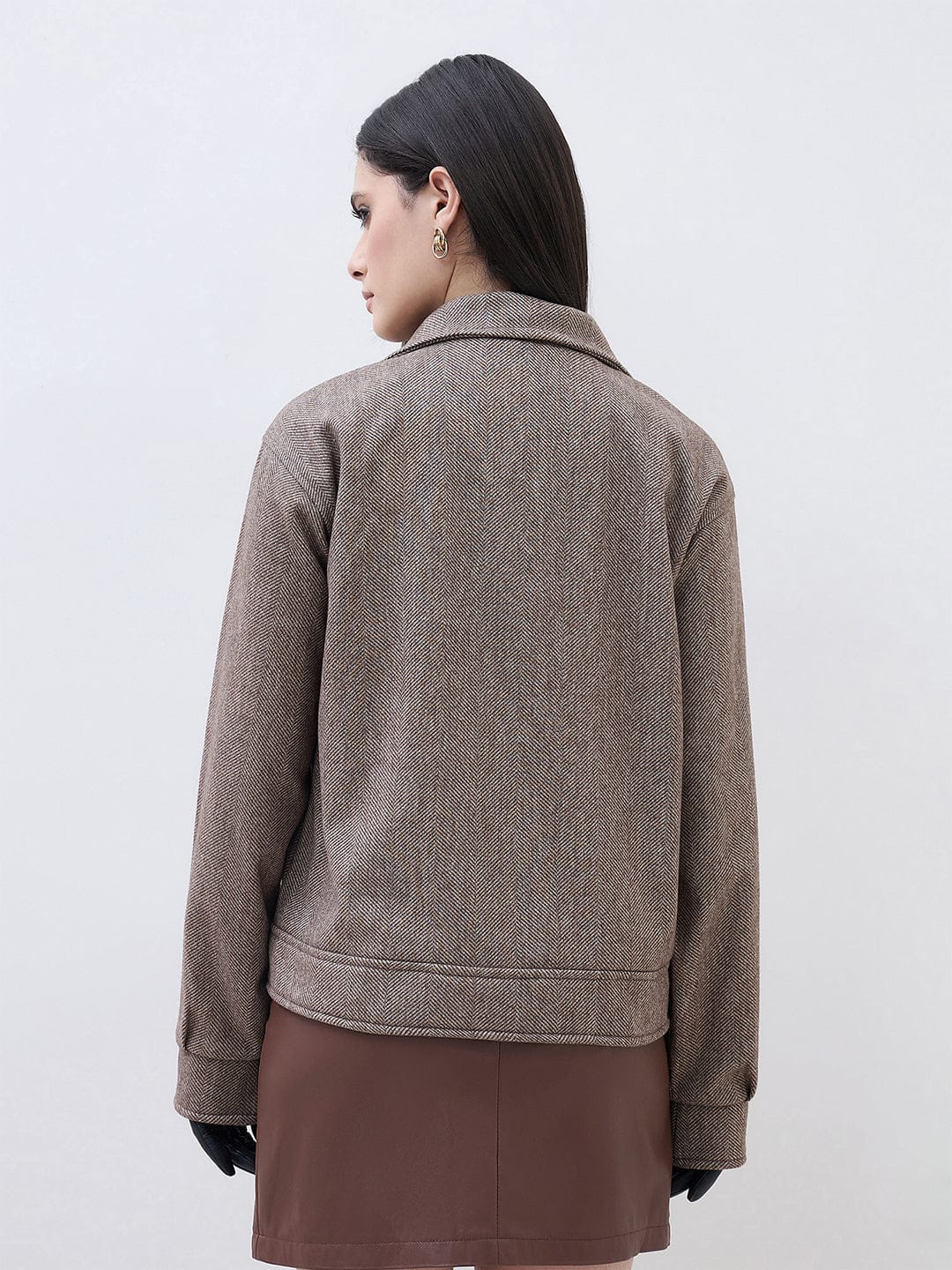 ELLE Women Brown Textured High Neck Oversize Bomber Jacket