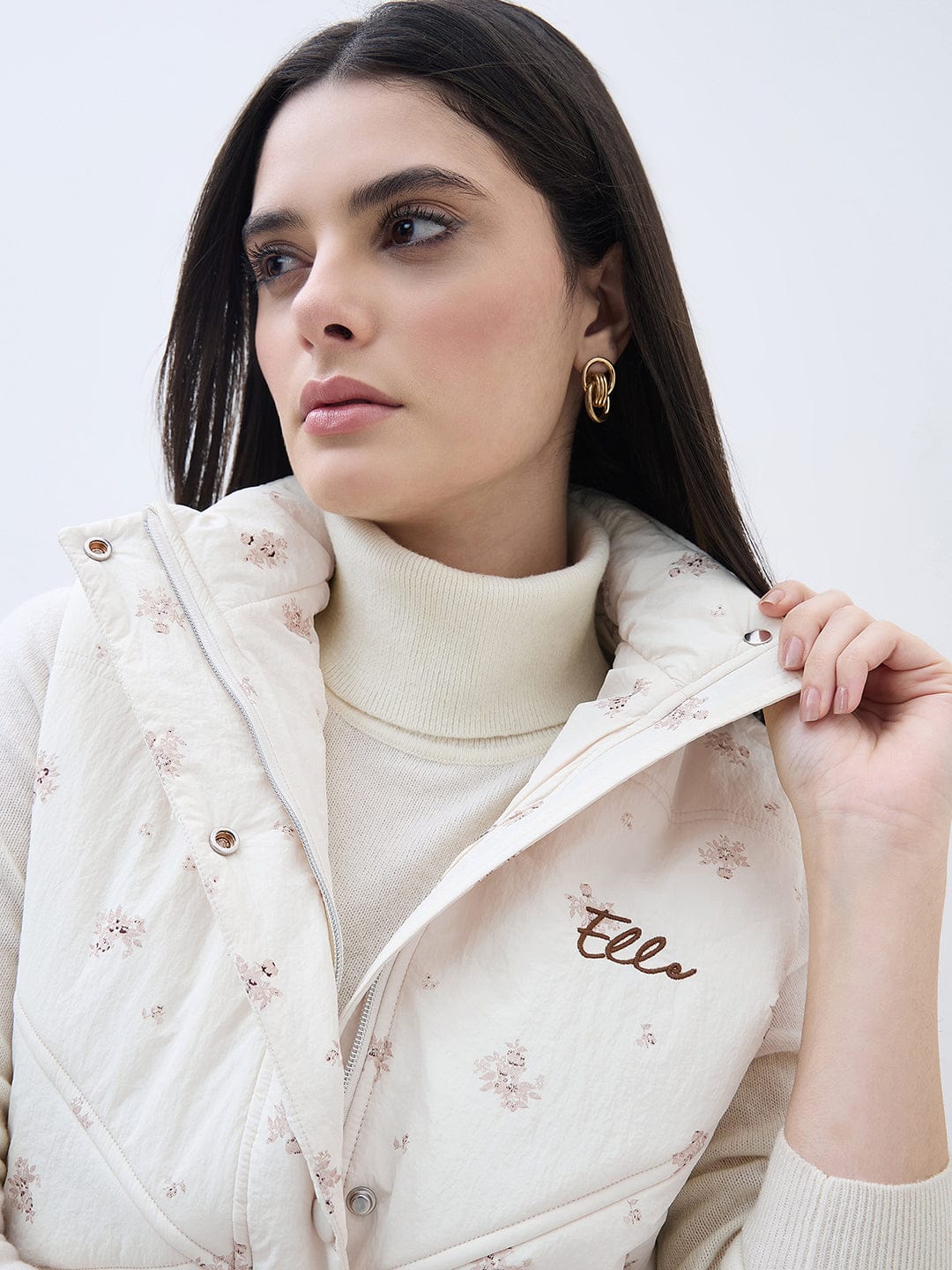 ELLE Women Cream Printed High Neck Regular Fit Jacket