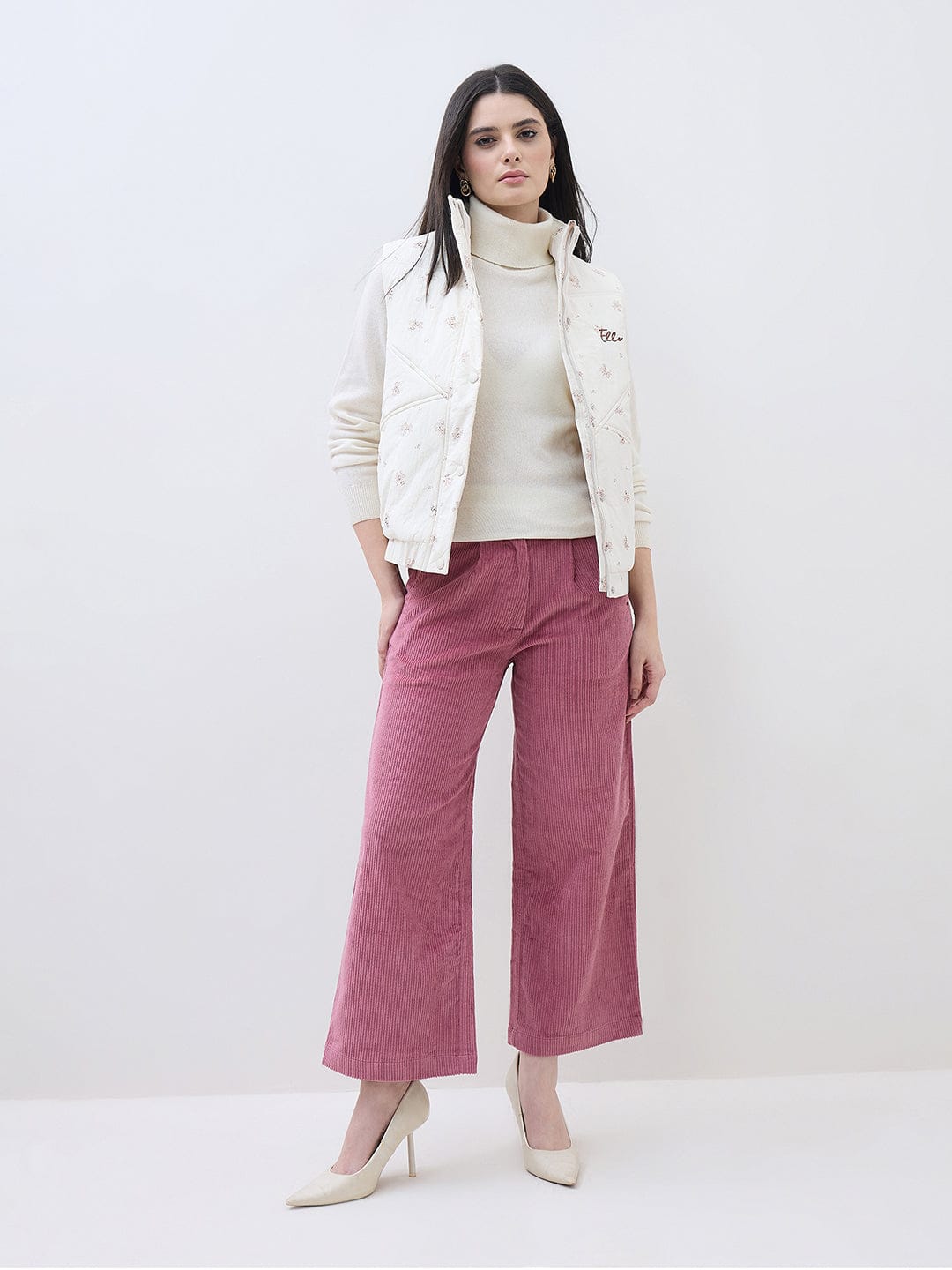 ELLE Women Cream Printed High Neck Regular Fit Jacket