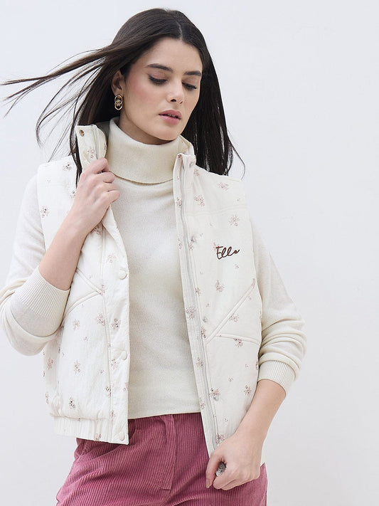 ELLE Women Cream Printed High Neck Regular Fit Jacket