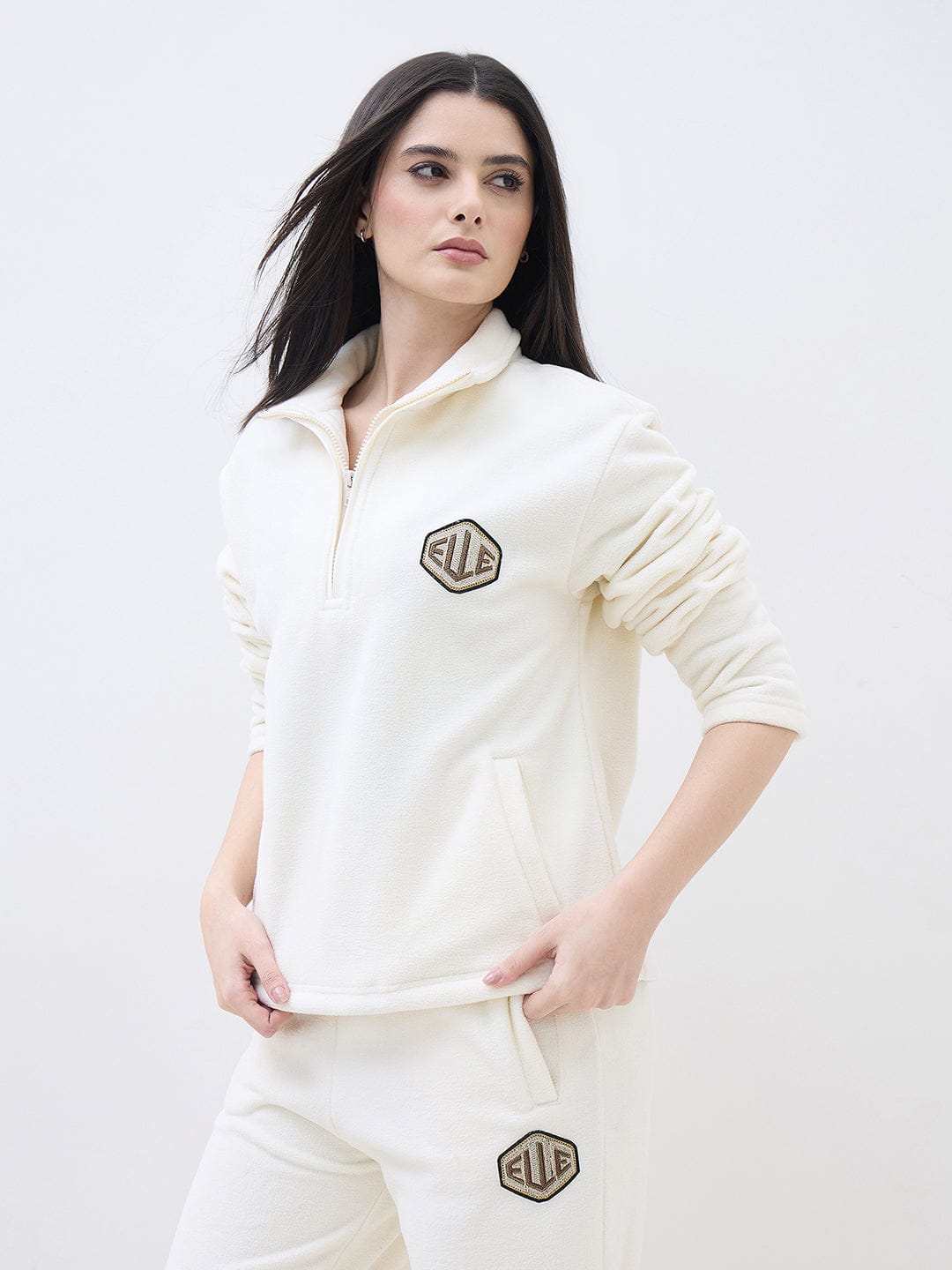 ELLE Women Off White Polo Collar Regular Fit Sweatshirt