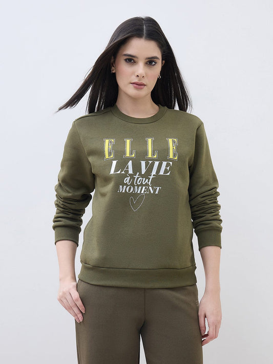 ELLE Women Green Logo Round Neck Regular Fit Sweatshirt