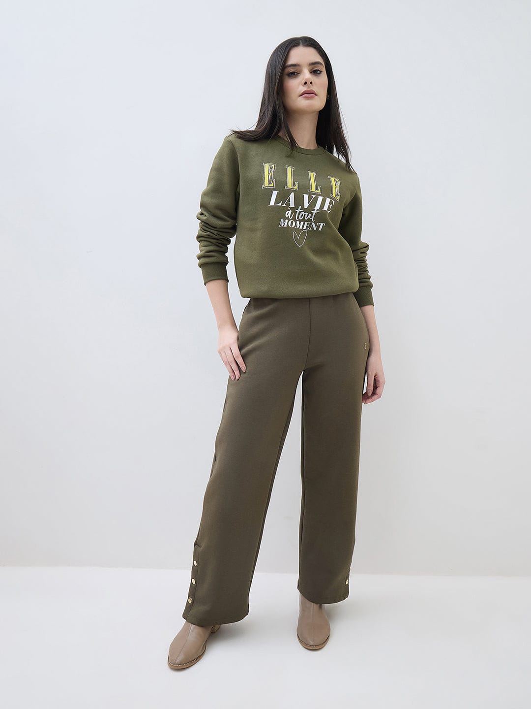 ELLE Women Green Logo Round Neck Regular Fit Sweatshirt