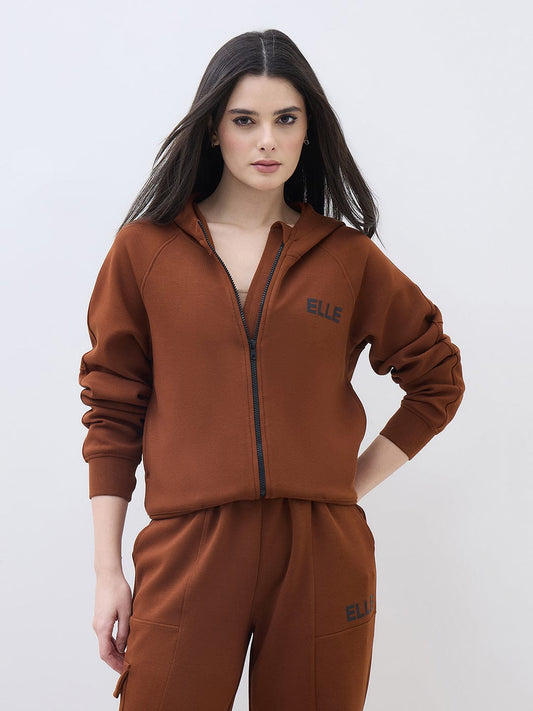 ELLE Women Brown Logo Hooded Regular Fit Sweatshirt