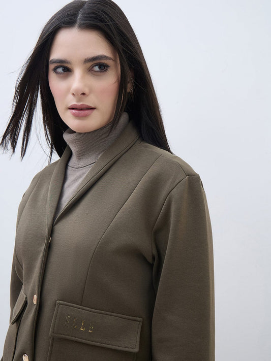 ELLE Women Green Notch Lapel Regular Fit Sweatshirt