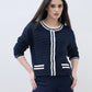 ELLE Women Navy Blue Textured Round Neck Regular Fit Sweater