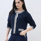 ELLE Women Navy Blue Textured Round Neck Regular Fit Sweater