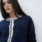 ELLE Women Navy Blue Textured Round Neck Regular Fit Sweater