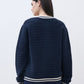 ELLE Women Navy Blue Textured Round Neck Regular Fit Sweater