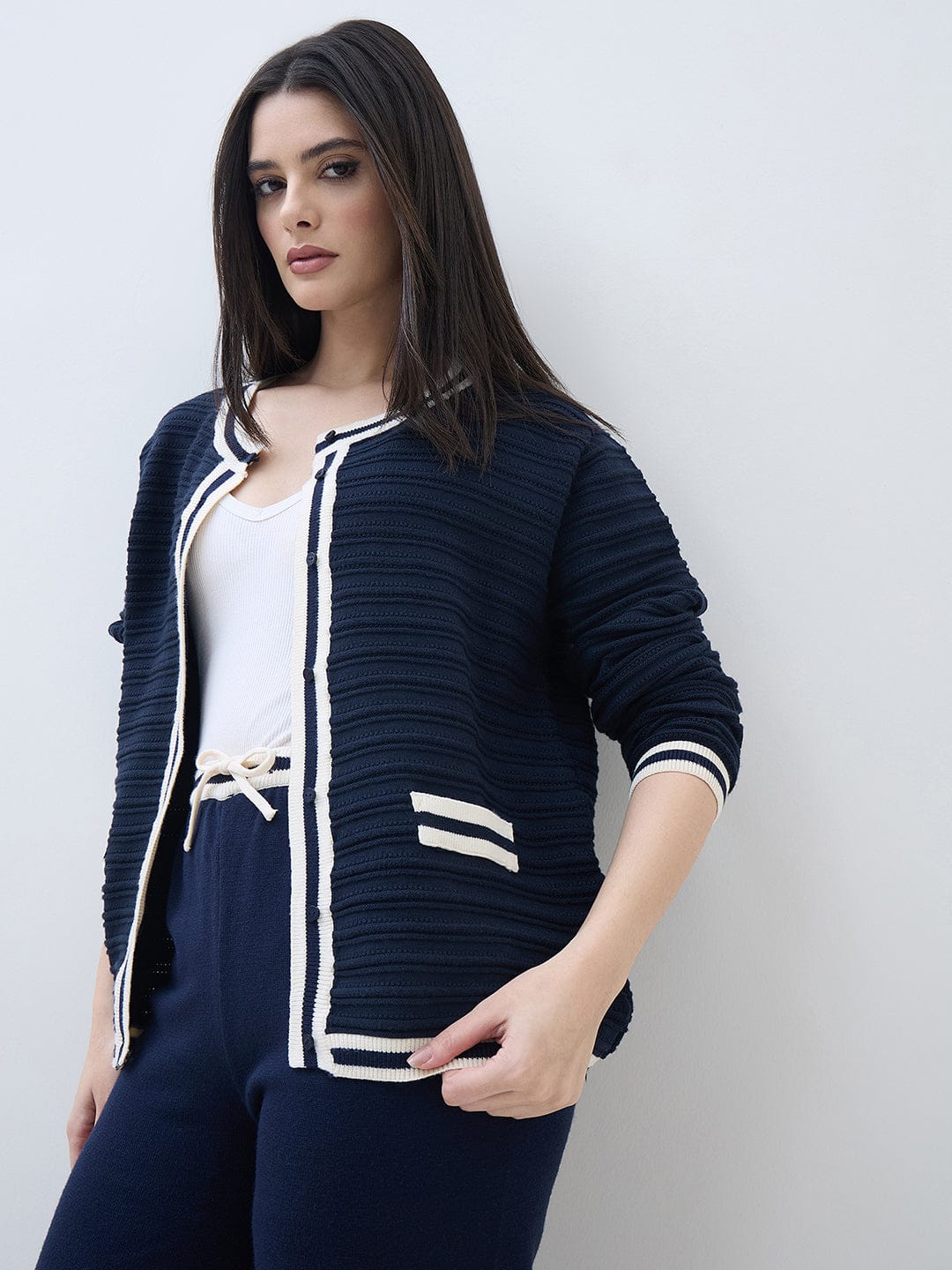 ELLE Women Navy Blue Textured Round Neck Regular Fit Sweater