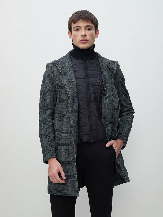 ICONIC Men Grey Checks Regular Fit Overcoat