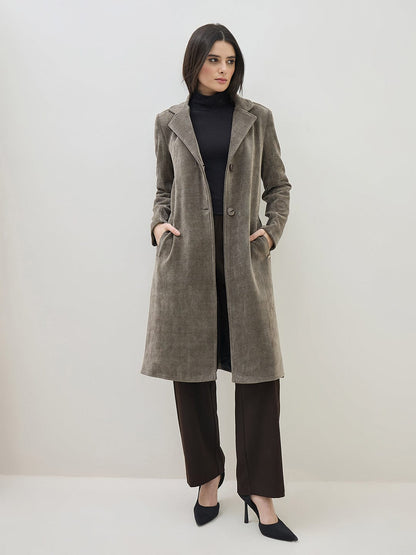 ICONIC Women Taupe Textured Notch Lapel Regular Fit Overcoat