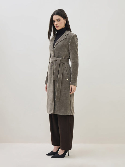 ICONIC Women Taupe Textured Notch Lapel Regular Fit Overcoat
