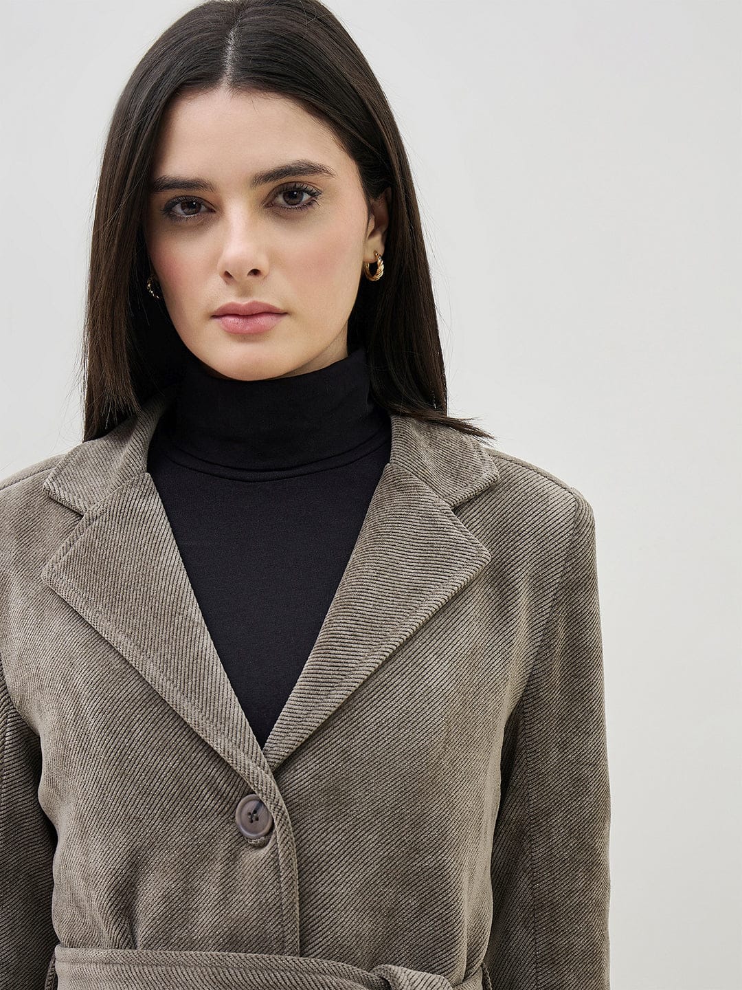 ICONIC Women Taupe Textured Notch Lapel Regular Fit Overcoat