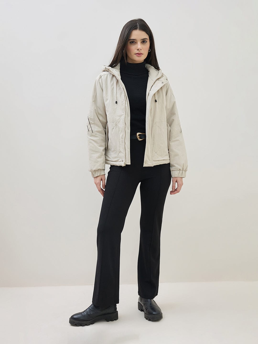 ICONIC Women Grey High Neck Regular Fit Hooded Jacket