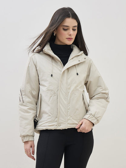 ICONIC Women Grey High Neck Regular Fit Hooded Jacket