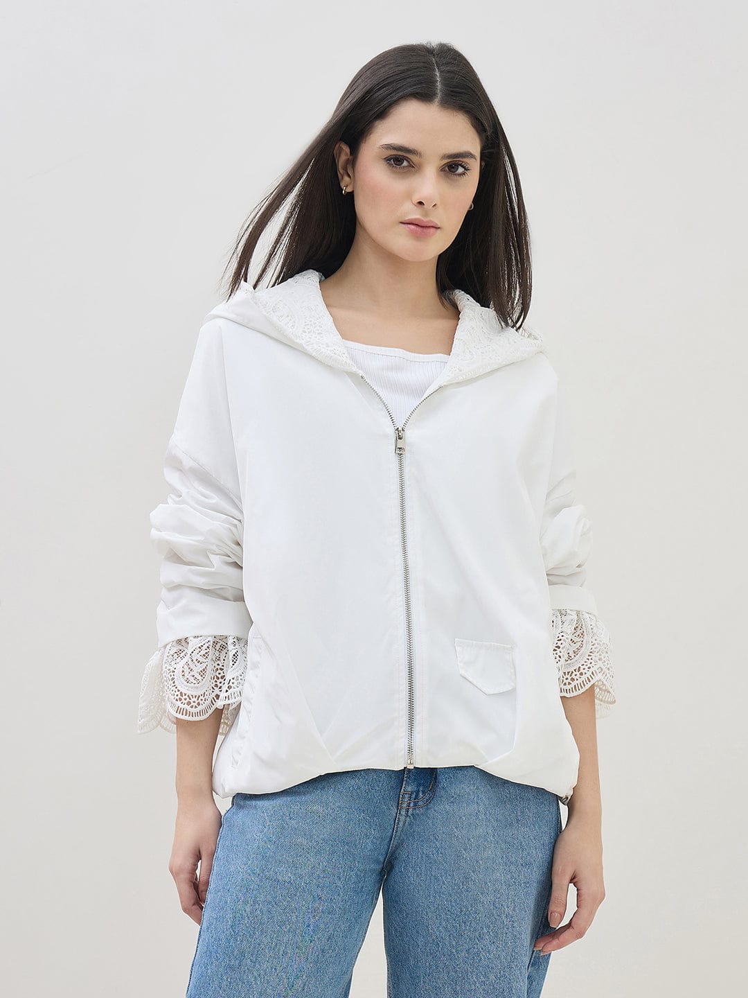 ICONIC Women White Hooded Regular Fit Jacket