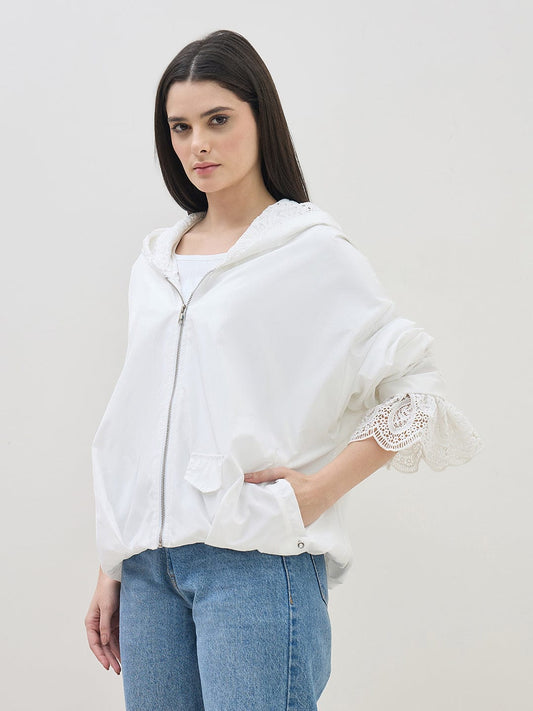 ICONIC Women White Hooded Regular Fit Jacket