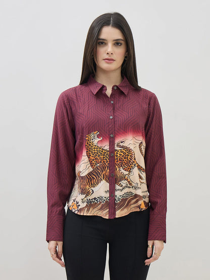 ICONIC Women Maroon Printed Shirt Collar Regular Fit Shirt