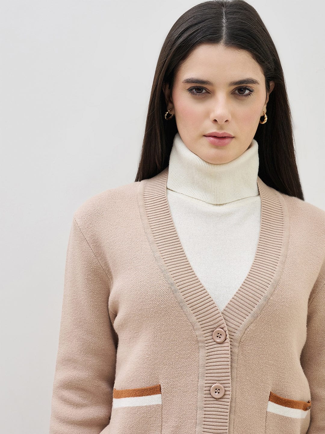 ICONIC Women Beige Textured V Neck Regular Fit Sweater