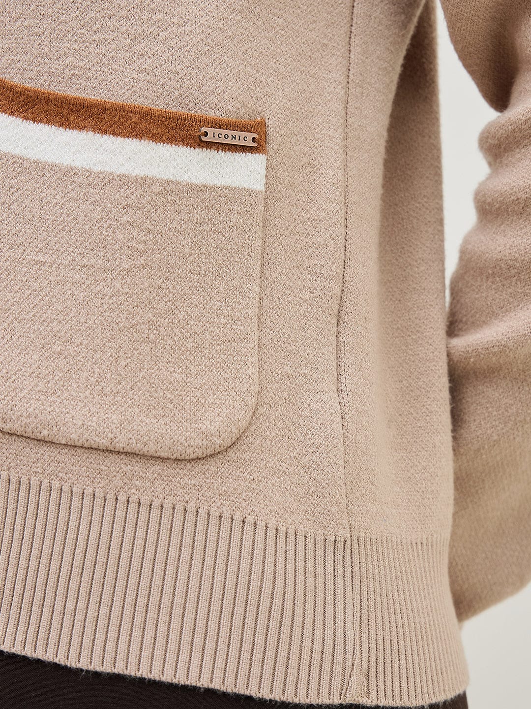 ICONIC Women Beige Textured V Neck Regular Fit Sweater