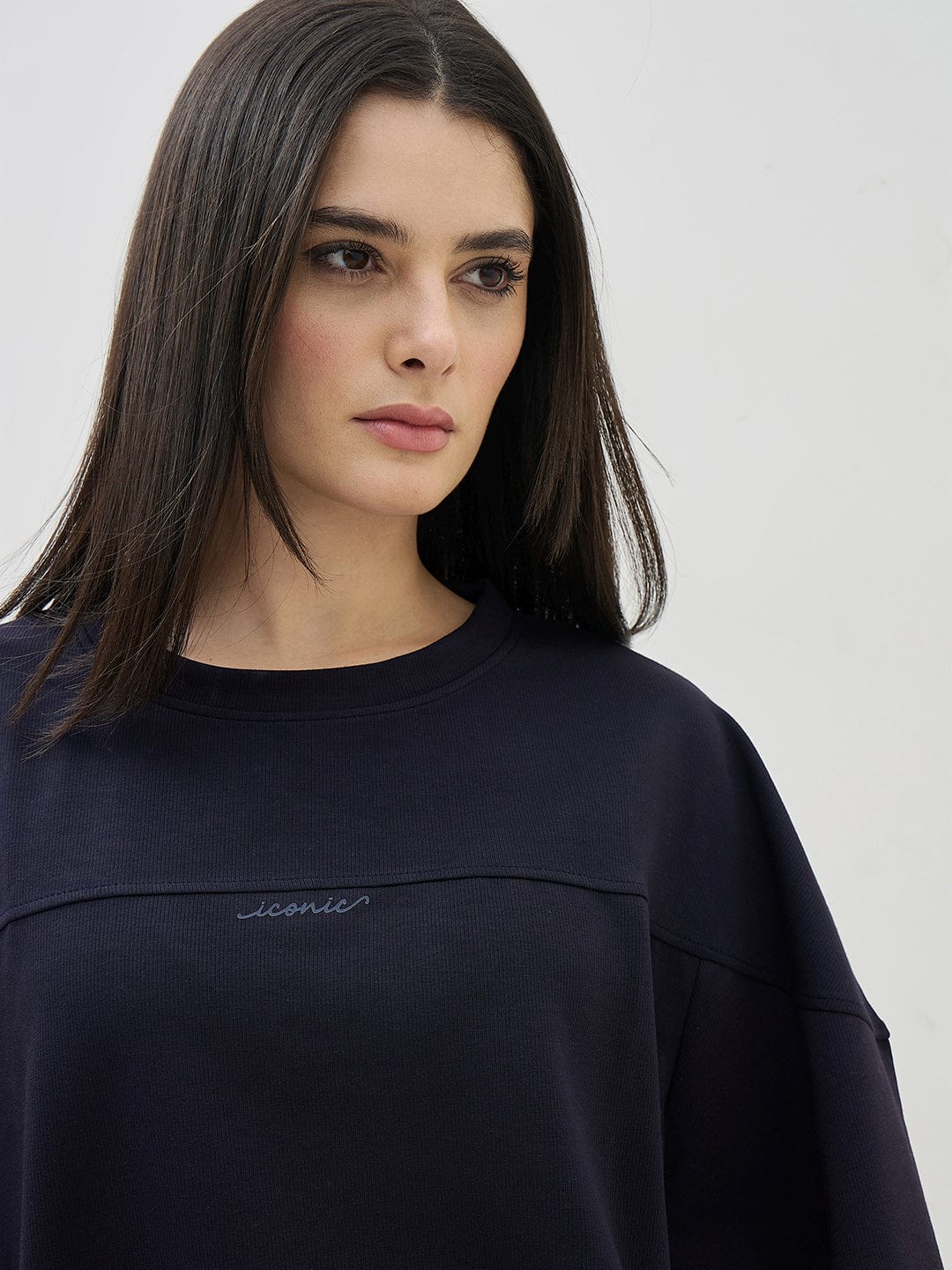 ICONIC Women Navy Blue Round Neck Boxy Fit T Shirt