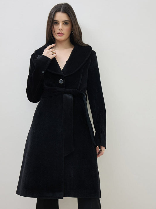 ICONIC Women Black Notch Lapel Detachable Fur Overcoat