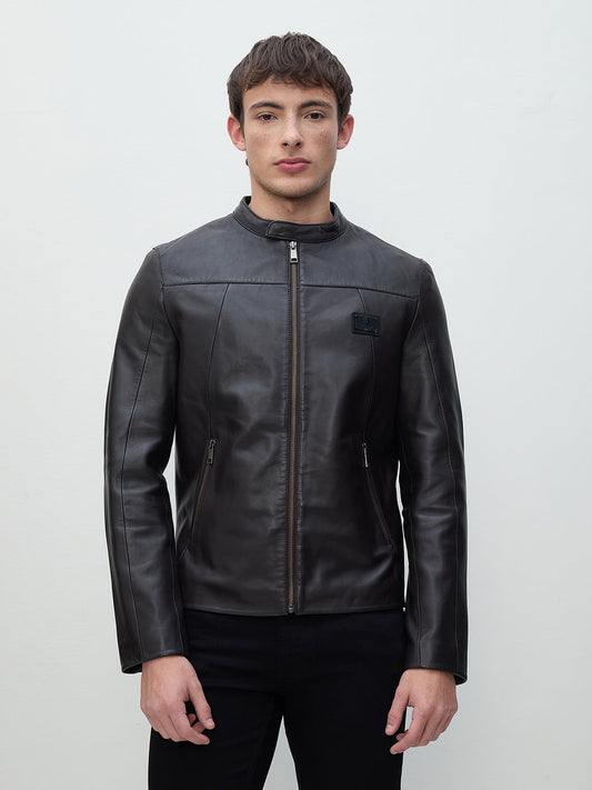 ICONIC Men Brown Band Collar Leather Jacket