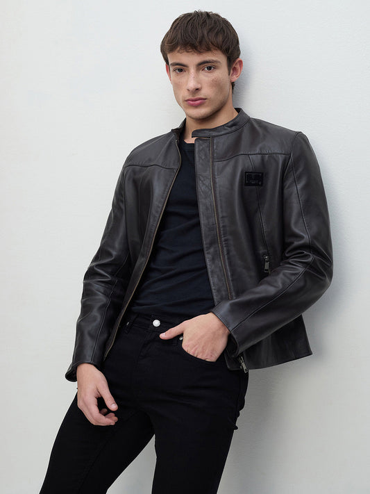 ICONIC Men Brown Band Collar Leather Jacket
