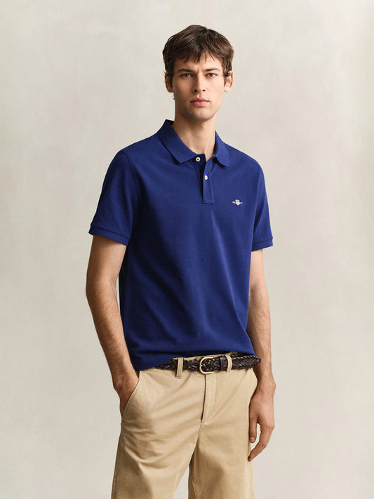 GANT Men Navy Blue Regular Fit Pique Polo T-Shirt