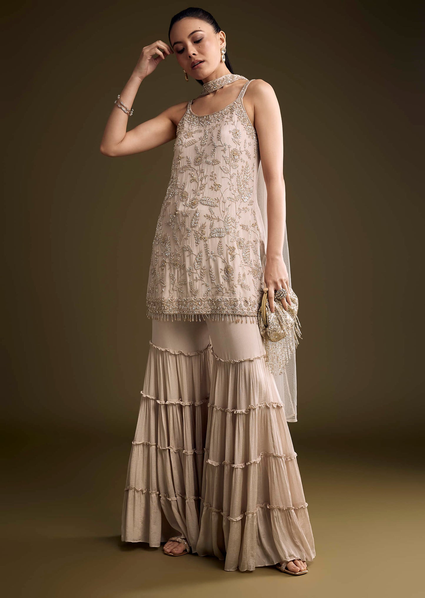 Beige Chinon Sharara Suit With Sequins And Moti Work