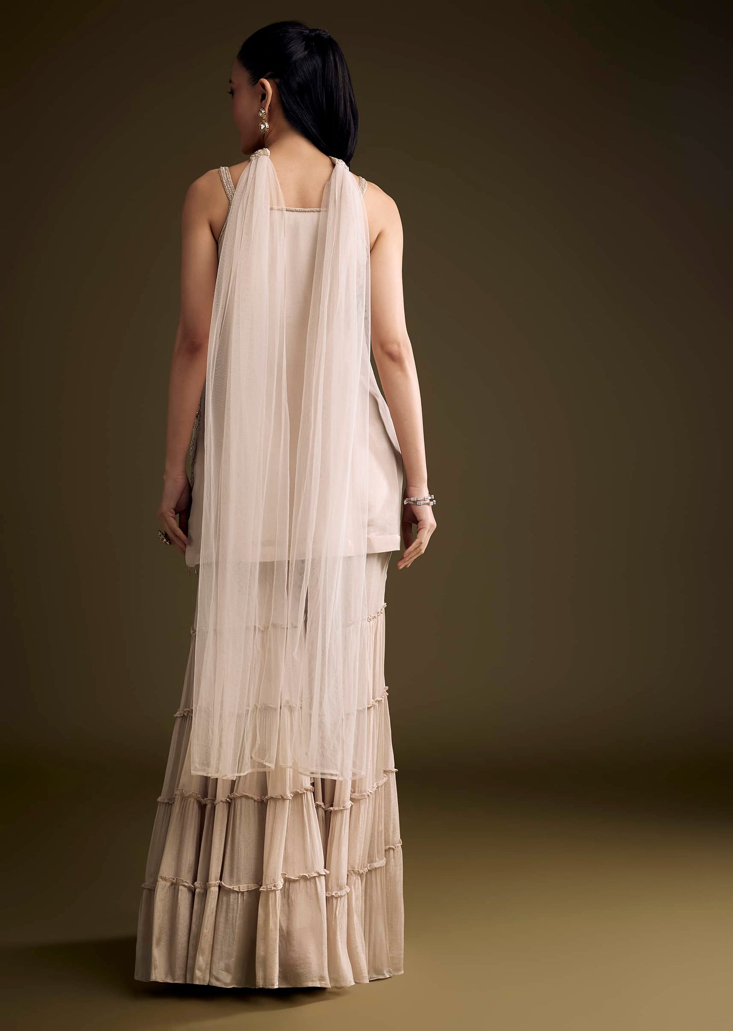 Beige Chinon Sharara Suit With Sequins And Moti Work