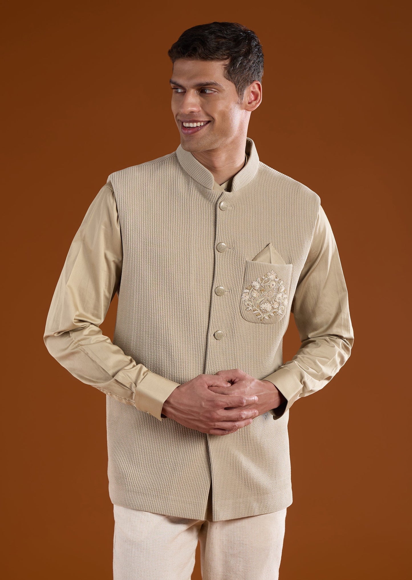 Beige Embroidered Corduroy Kurta Jacket Set