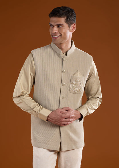 Beige Embroidered Corduroy Kurta Jacket Set