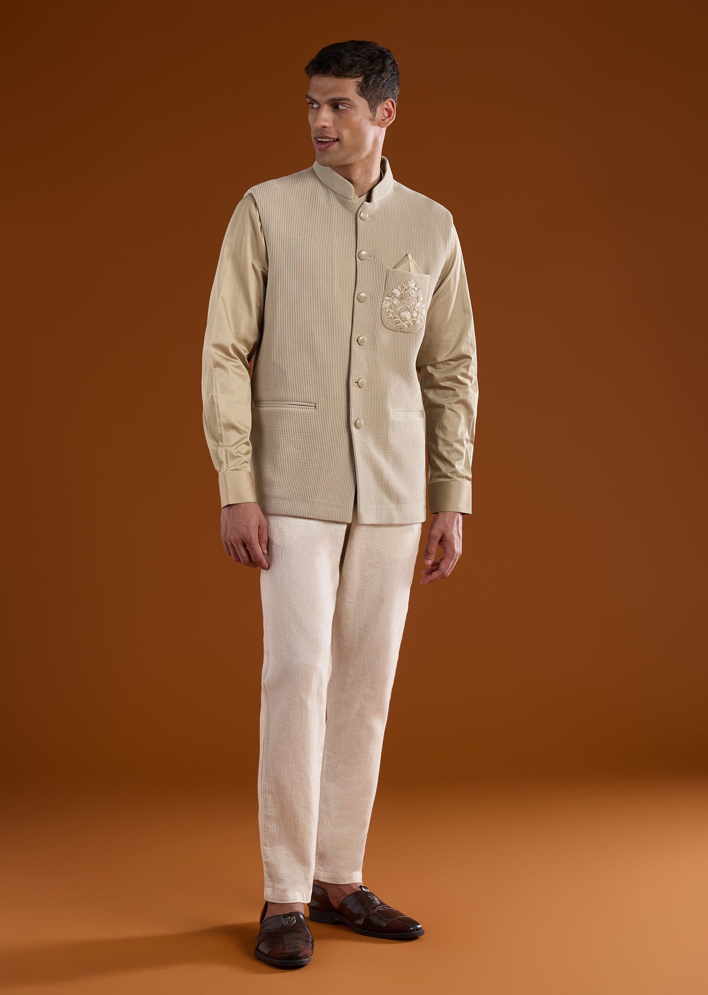 Beige Embroidered Corduroy Kurta Jacket Set