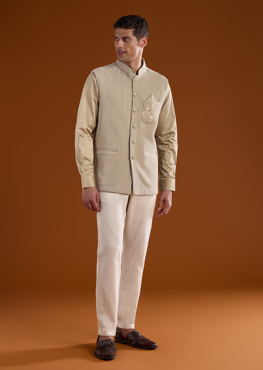 Beige Embroidered Corduroy Kurta Jacket Set