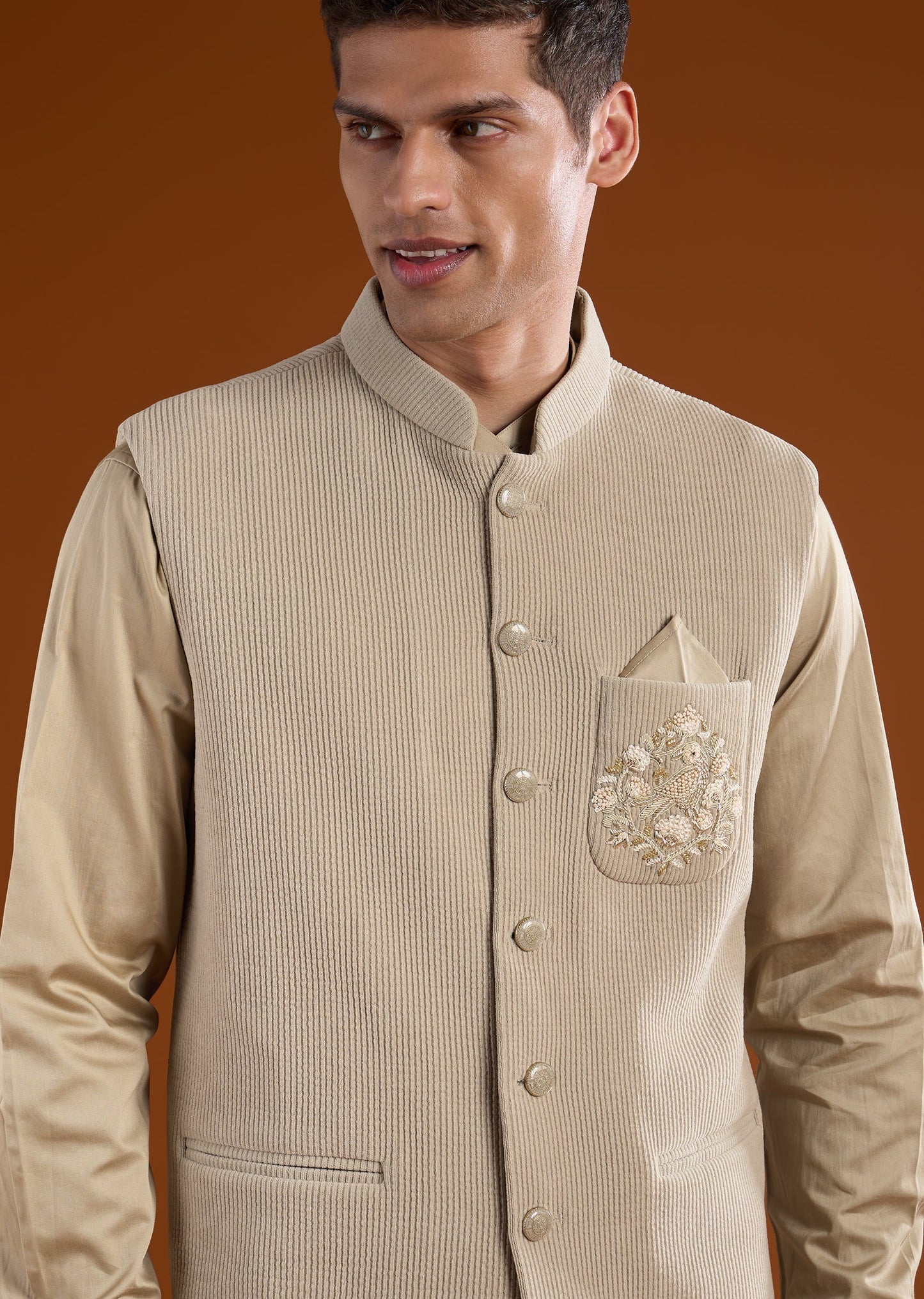 Beige Embroidered Corduroy Kurta Jacket Set