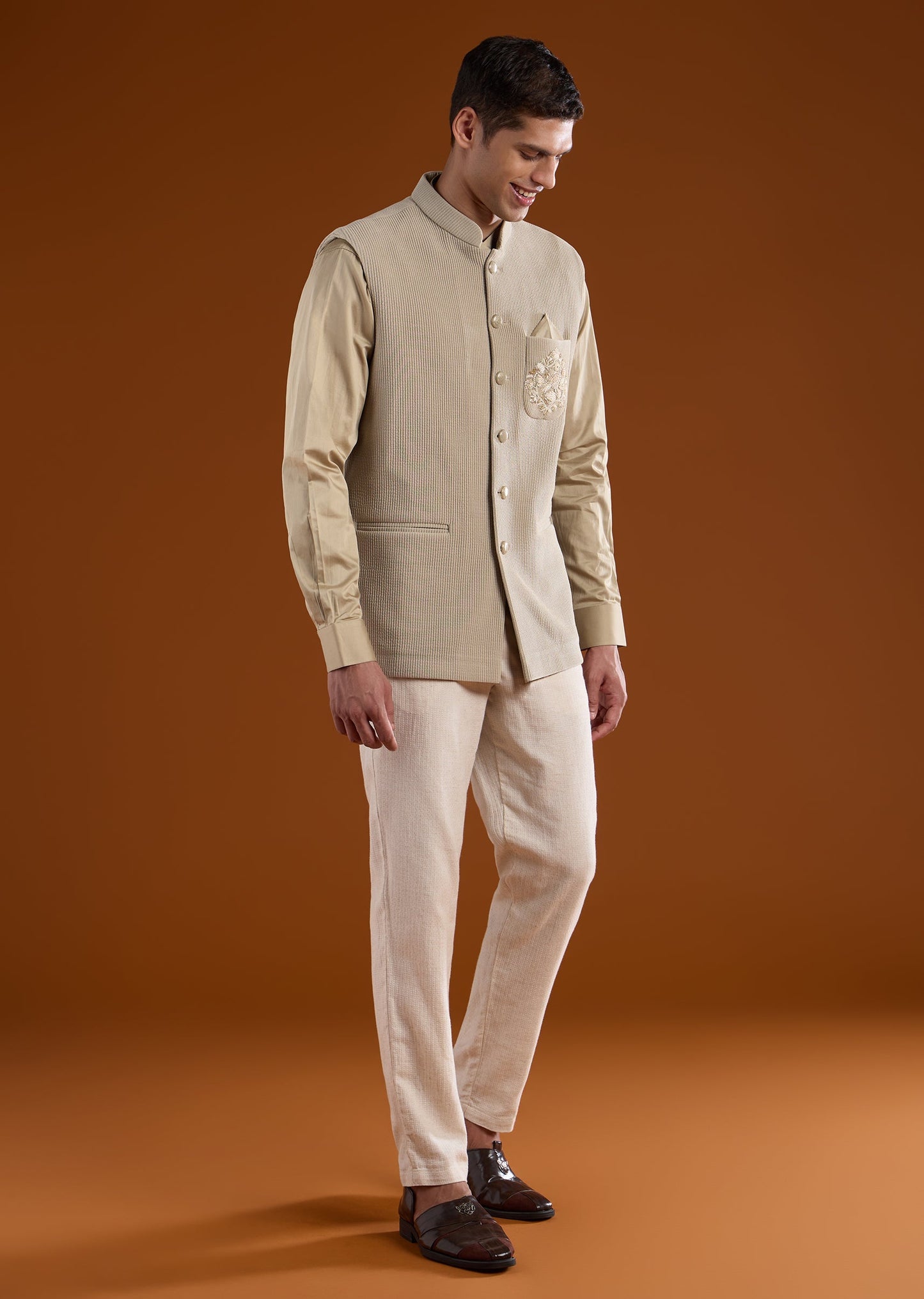 Beige Embroidered Corduroy Kurta Jacket Set