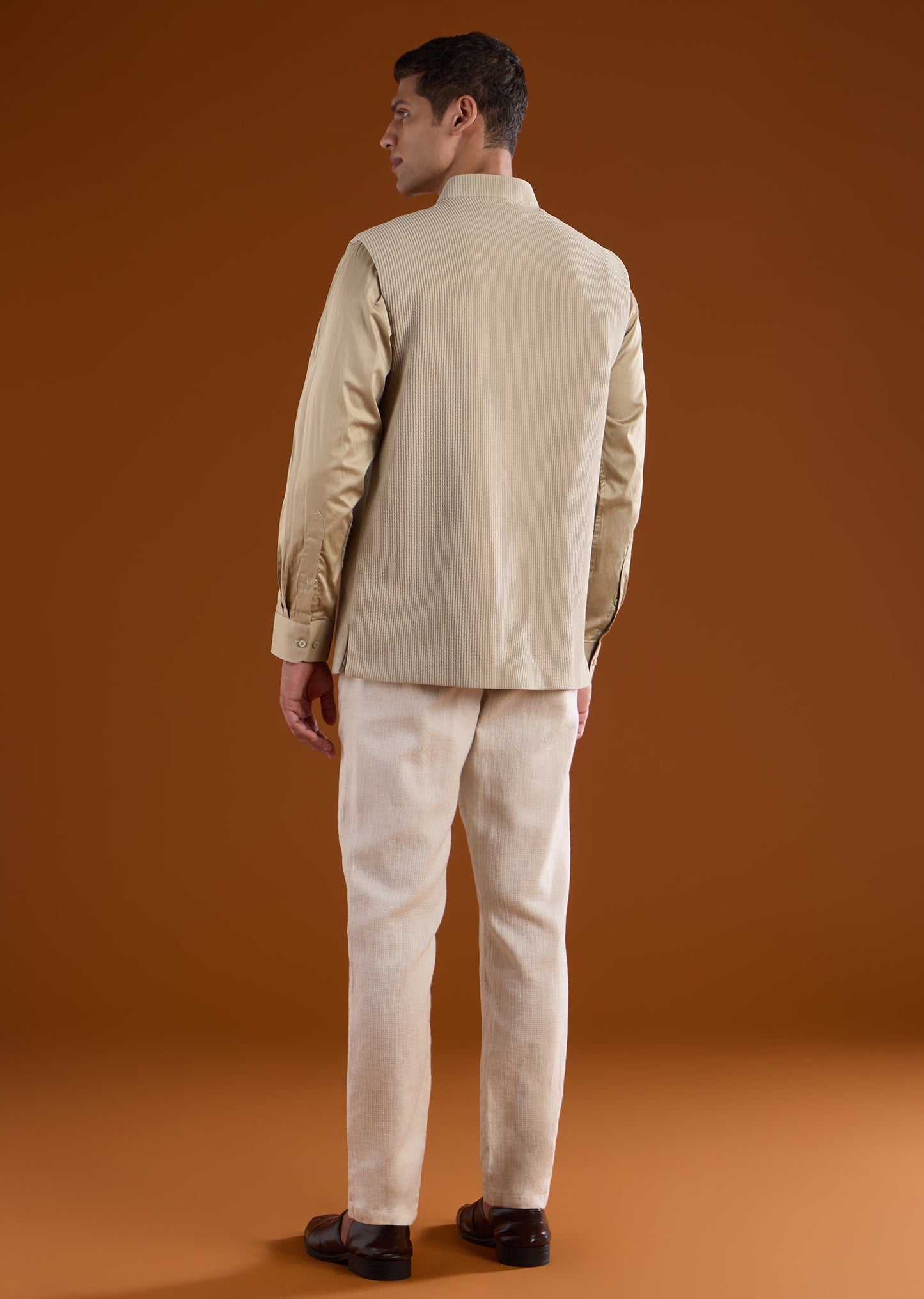 Beige Embroidered Corduroy Kurta Jacket Set